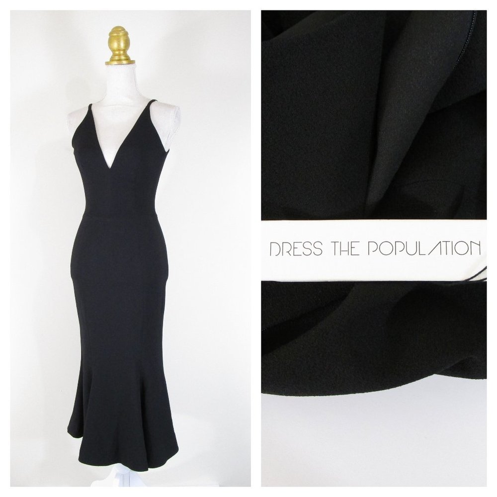 Dress The Population Womens Solid Black V-Neck Sheath Midi Dress Size S